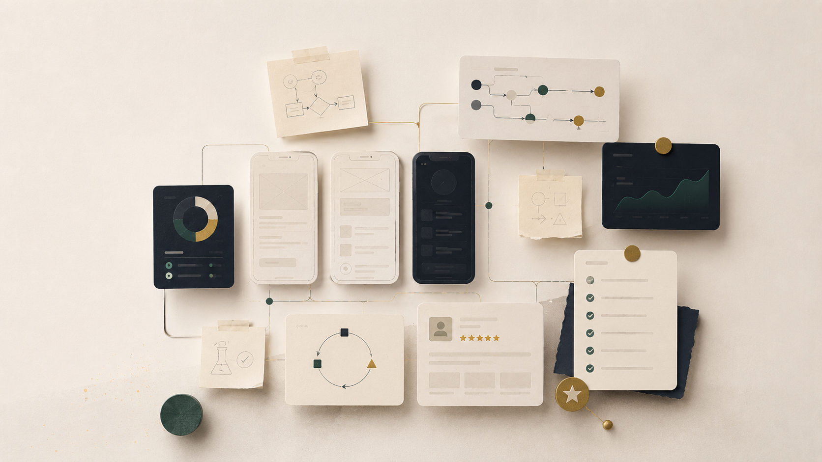 Product factory artifacts arranged on a studio board